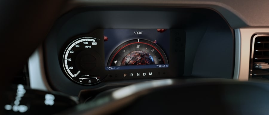Close-up of 2024 Ford Bronco® instrument cluster showing Sport mode
