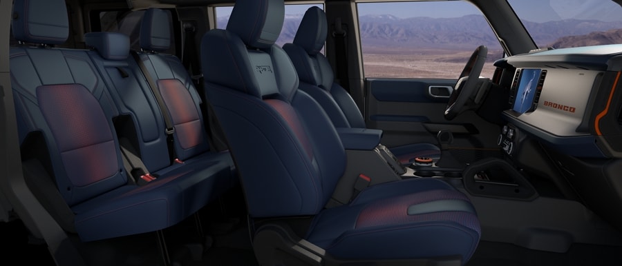 Interior of 2024 Ford Bronco® with available leather-trimmed seats in Blue with Black Onyx