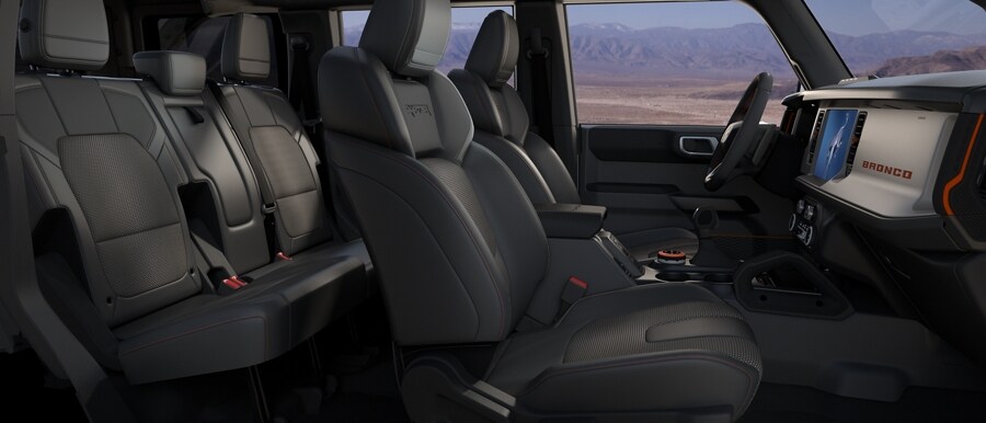 Interior of 2024 Ford Bronco® SUV showing available leather-trimmed seats in Black Onyx
