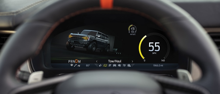 Close-up of 2024 Ford Bronco® instrument cluster showing Tow-Haul mode