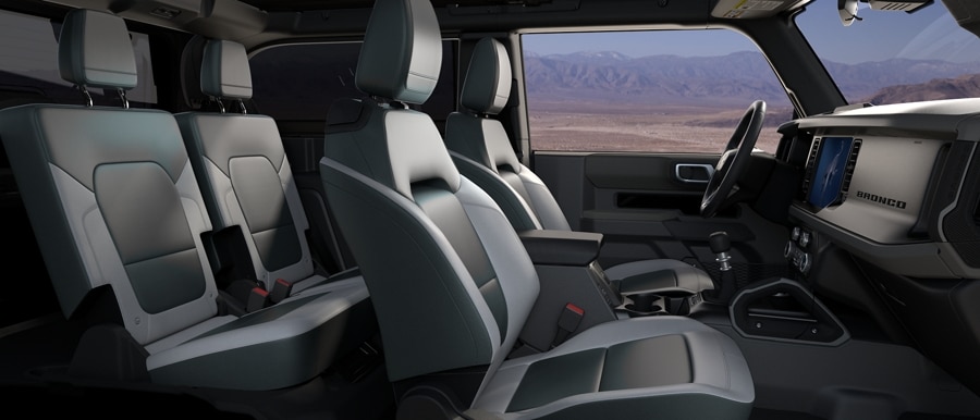 Interior of 2024 Ford Bronco® model showing cloth seats in Dark Space Grey with Black Onyx