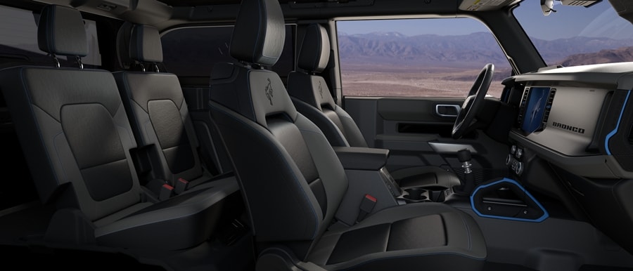 Interior of 2024 Ford Bronco® Everglades™ with standard marine-grade vinyl seats in Dark Space Grey with Black Onyx