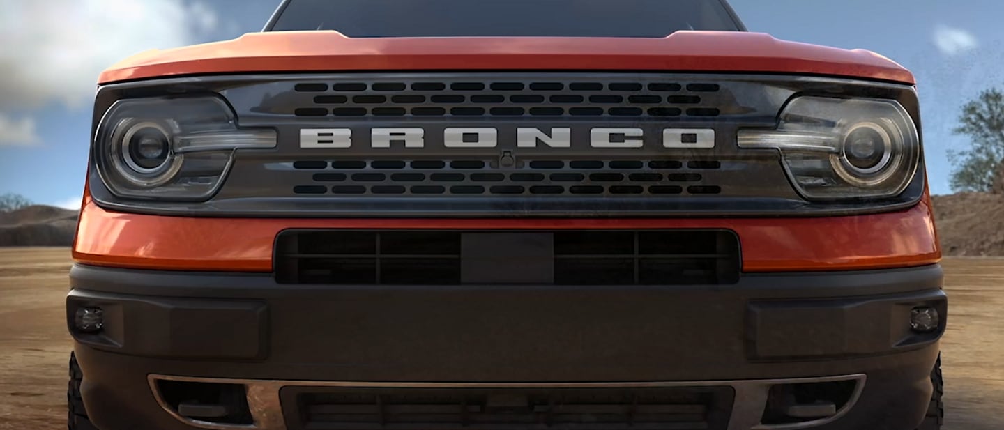 Front-facing shot of the 2023 Ford Bronco® Sport SUV with front camera shown in grille