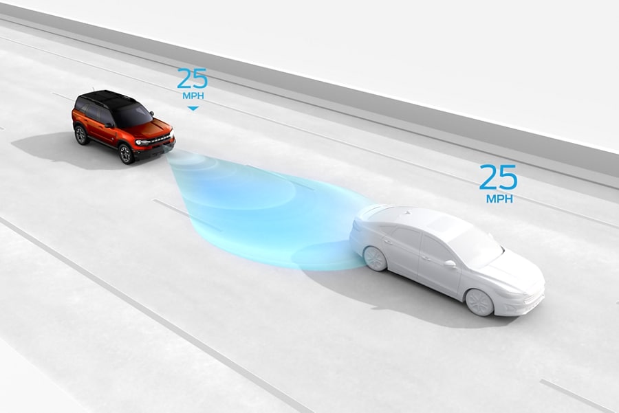 Animation of a 2023 Ford Bronco® Sport using Adaptive Cruise Control with Stop-and-Go and Lane Centering