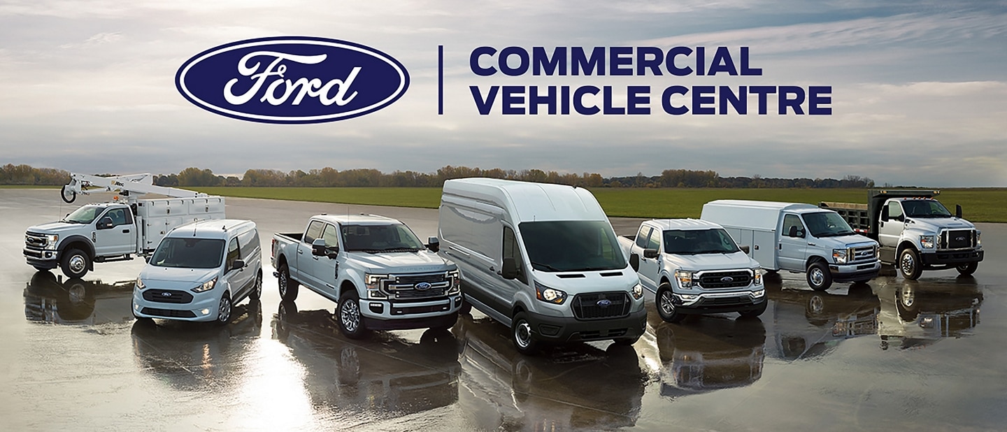 Several Ford commercial vehicles parked at Ford Commercial Vehicle Centre