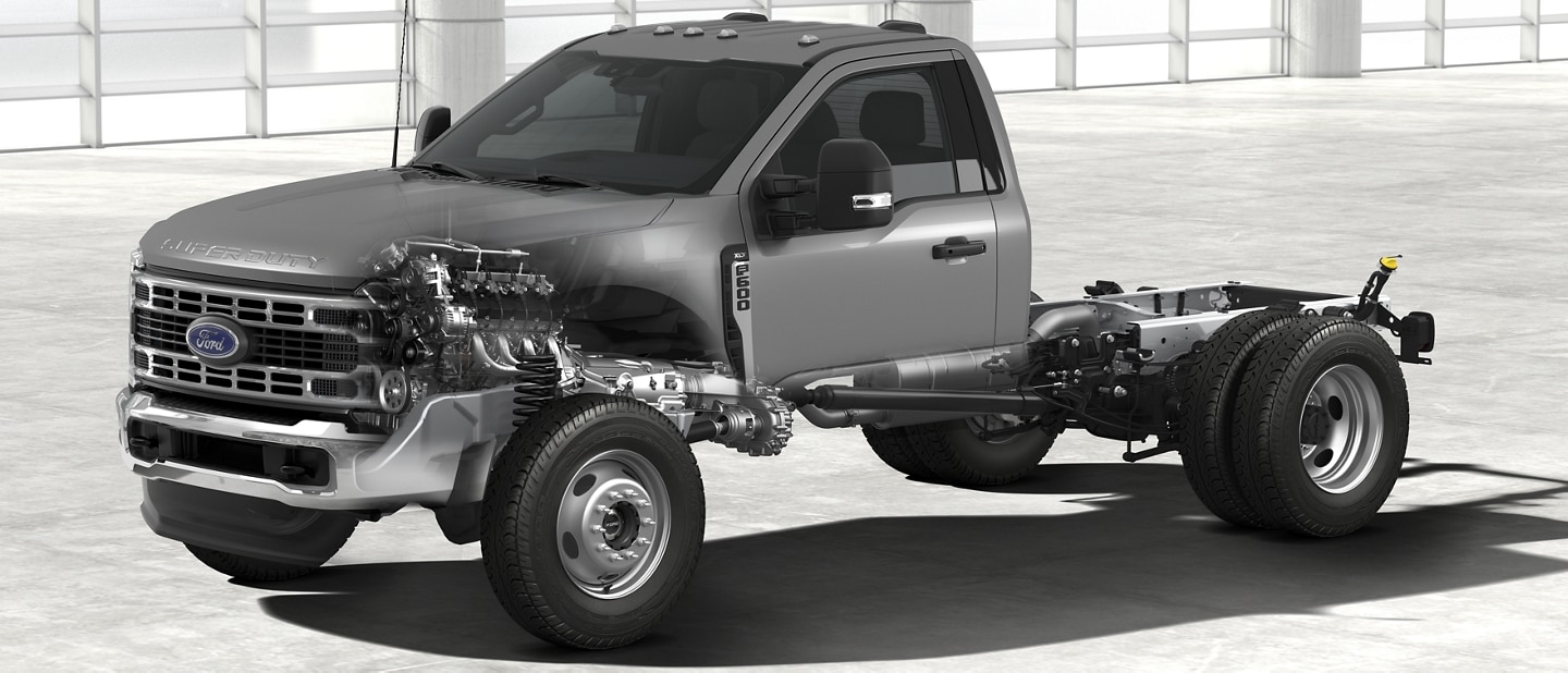 Cutaway illustration of a 2025 Ford Super Duty® F-600® XLT showing engine and drivetrain