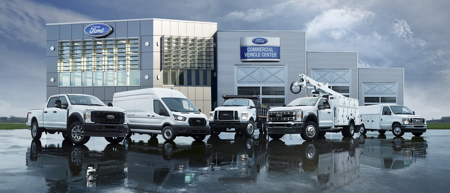 Several Ford commercial vehicles parked at Ford Commercial Vehicle Centre