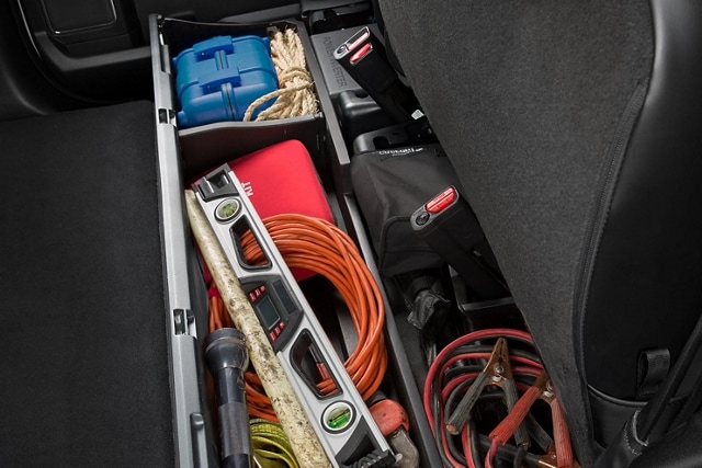 Inside a 2025 Ford Super Duty® showing the under-seat storage