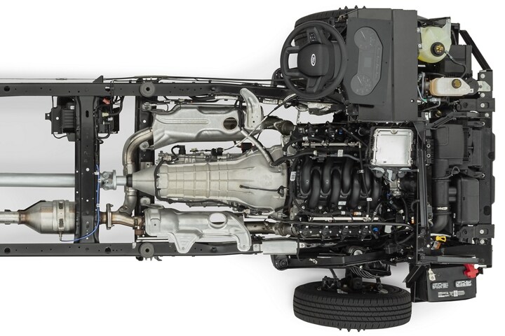 An overhead view of a 2024 Ford E-Series Stripped Chassis with no body