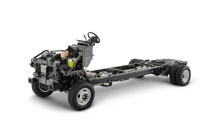 Side view of a 2026 Ford E-Series Stripped Chassis with no body on a white background