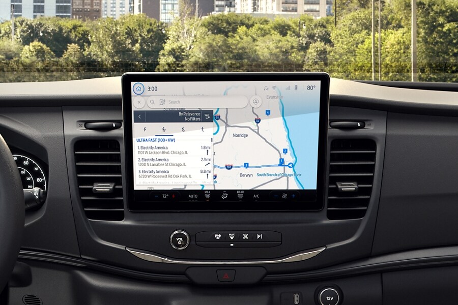 Interior photo showing the 2023 Ford E-Transit™ van’s expansive dash and large touchscreen