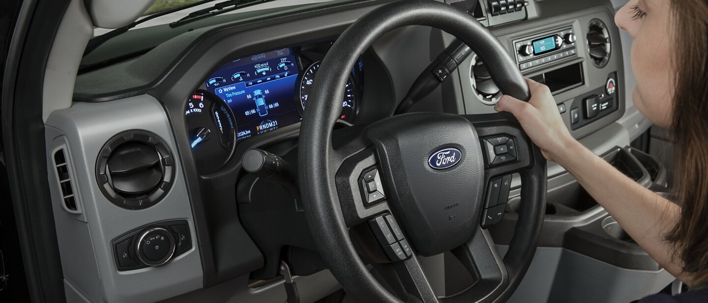 Close-up of the 2024 Ford E-Series Cutaway Steering Wheel and Tilt/Telescoping Steering Column