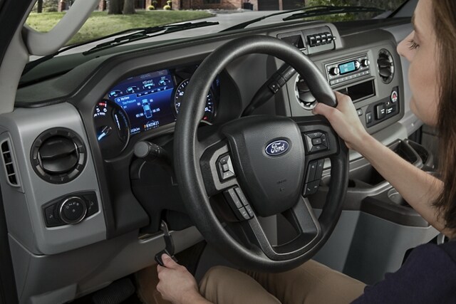 Close-up of the 2024 Ford E-Series Cutaway Steering Wheel and Tilt/Telescoping Steering Column
