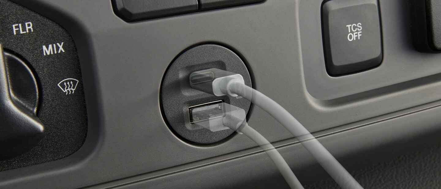 Close-up of the 2024 Ford E-Series Cutaway Dual Smart USB Port