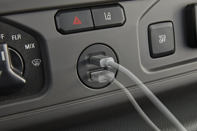 Close-up of the 2024 Ford E-Series Cutaway Dual Smart USB Port
