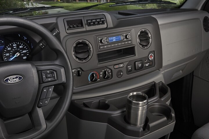 Close-up of the 2024 Ford E-Series Cutaway centre panel and steering wheel