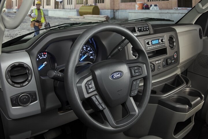 Close-up of the 2024 Ford E-Series Cutaway steering wheel