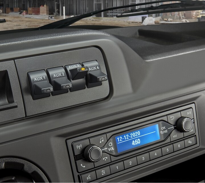 Close-up of the upfitter switches on the 2024 Ford E-Series Cutaway Instrument Panel