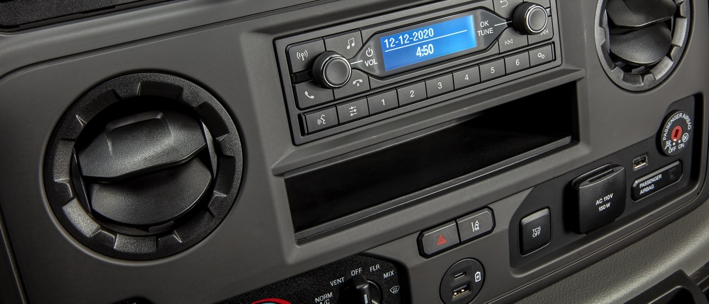 Close-up of the 2025 Ford E-Series Cutaway centre panel radio