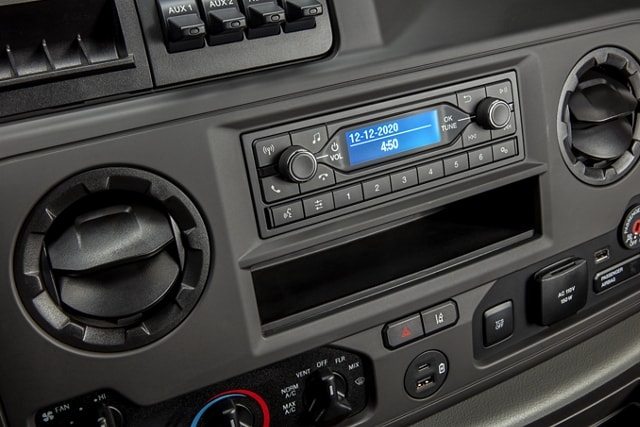 Close-up of the 2025 Ford E-Series Cutaway centre panel radio