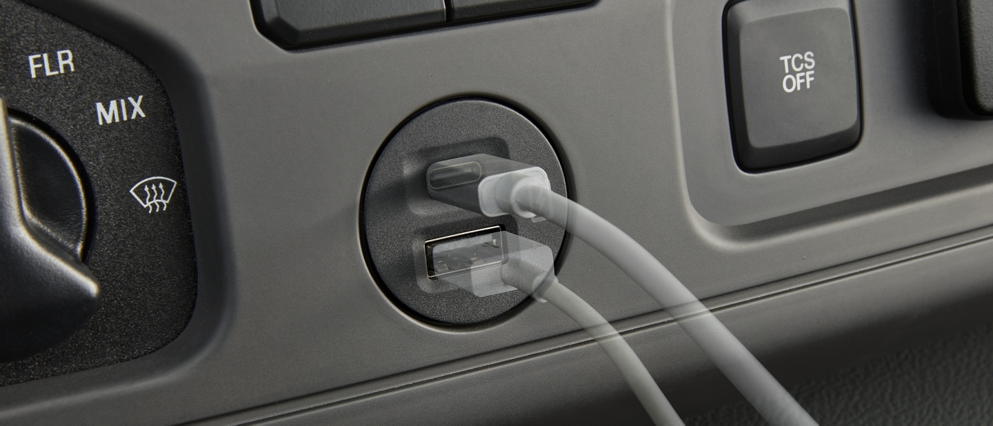 Close-up of the 2025 Ford E-Series Cutaway Dual Smart USB Port
