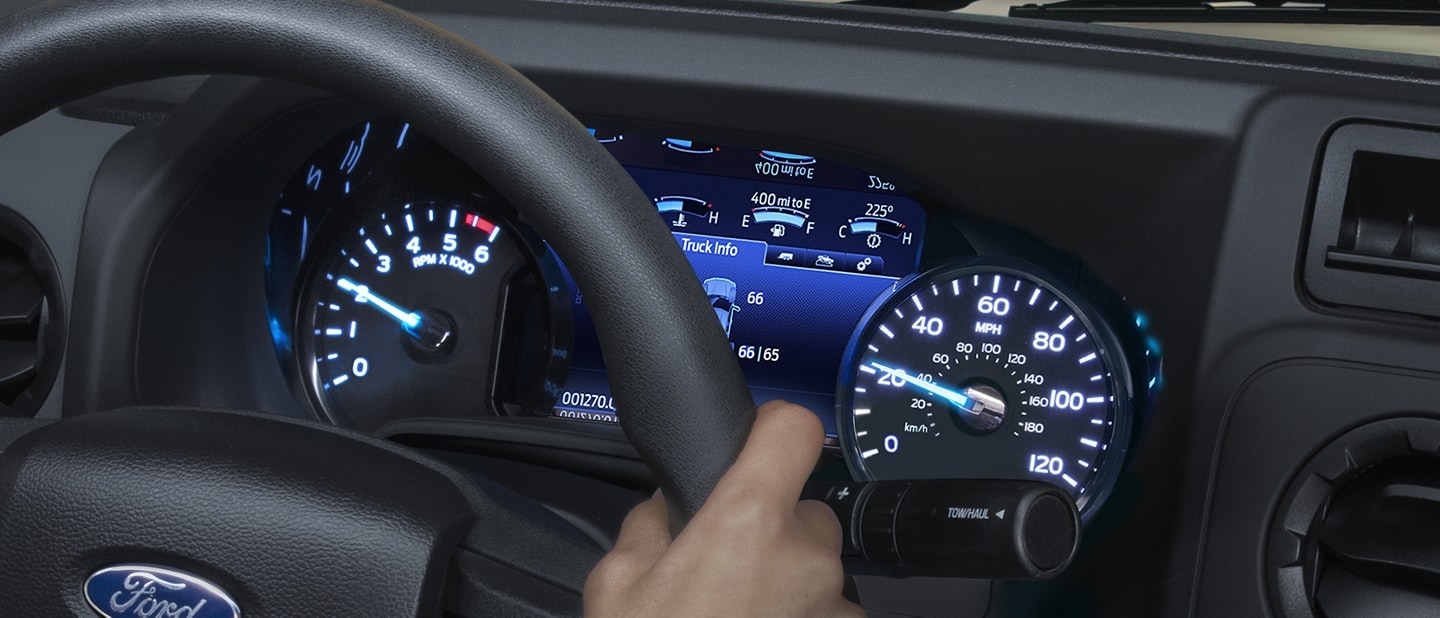 Close-up of the 2025 Ford E-Series Cutaway Instrument Cluster