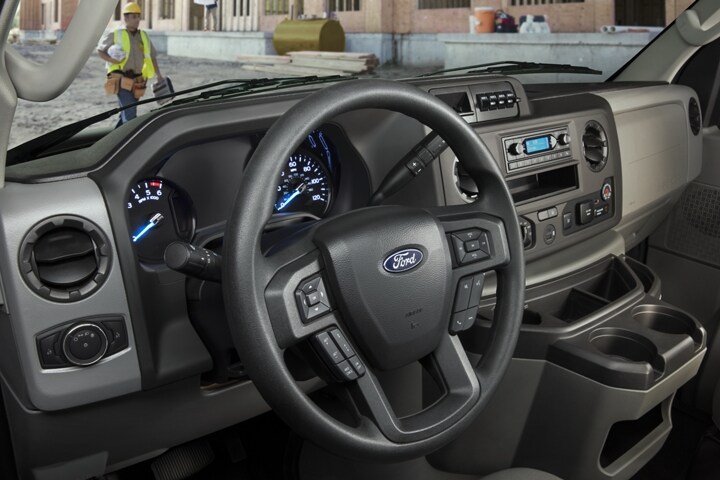 Close-up of the 2025 Ford E-Series Cutaway steering wheel
