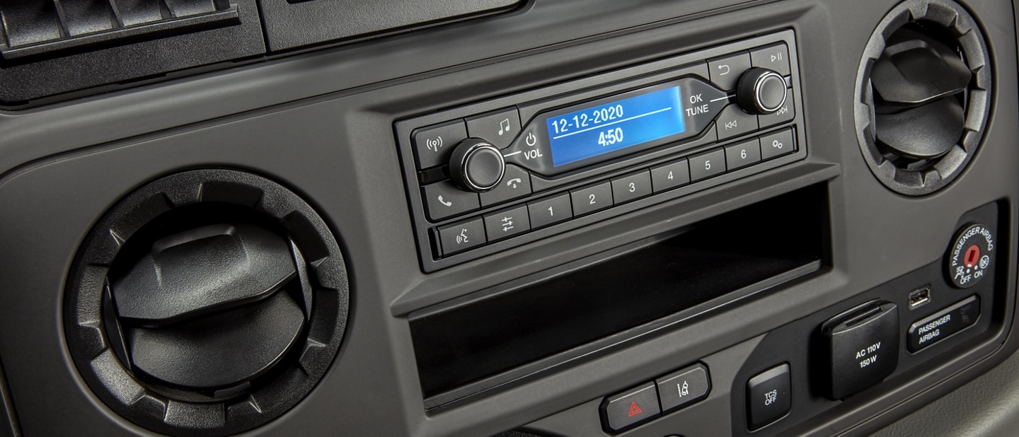 Close-up of the 2026 Ford E-Series Cutaway centre panel radio