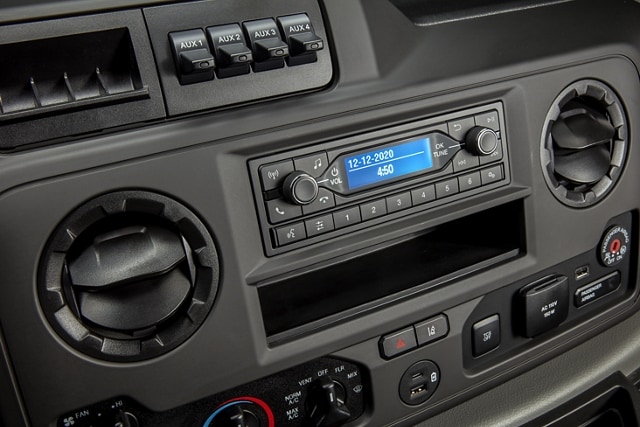 Close-up of the 2026 Ford E-Series Cutaway centre panel radio