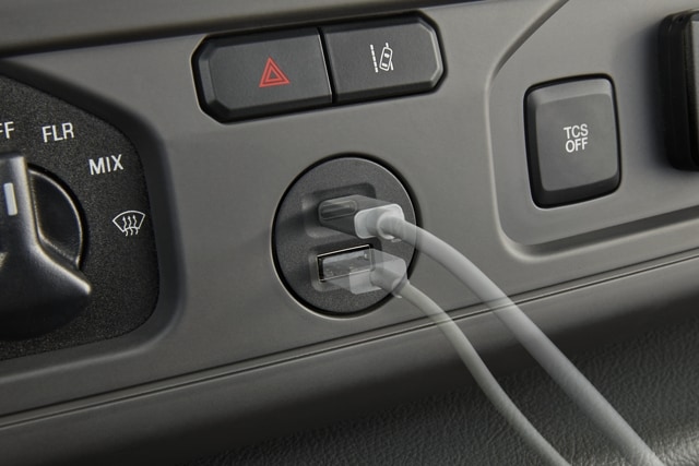 Close-up of the 2026 Ford E-Series Cutaway Dual Smart USB Port