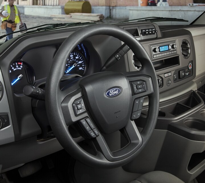 Close-up of the 2026 Ford E-Series Cutaway ergonomic Instrument Panel