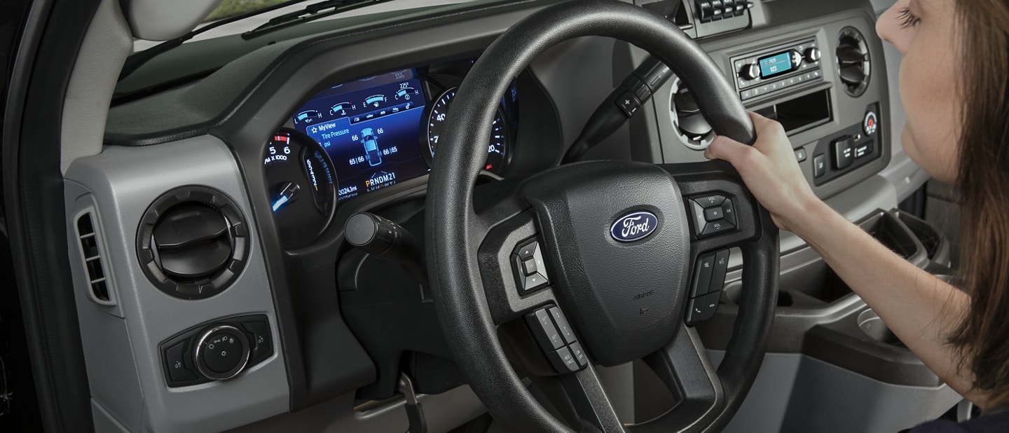 Close-up of the 2026 Ford E-Series Cutaway Steering Wheel and Tilt/Telescoping Steering Column