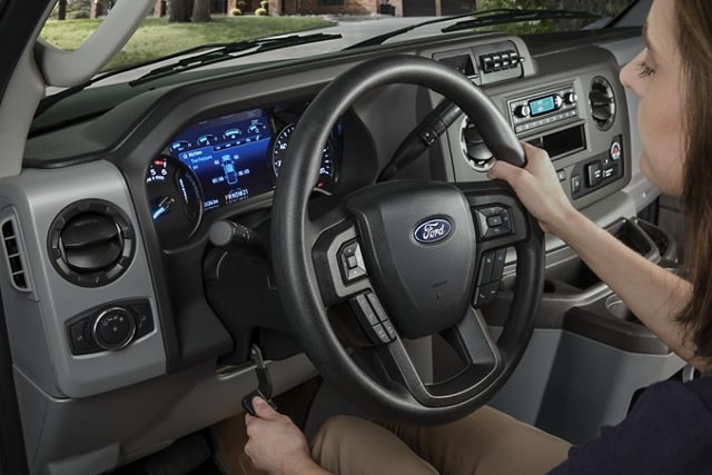 Close-up of the 2026 Ford E-Series Cutaway Steering Wheel and Tilt/Telescoping Steering Column