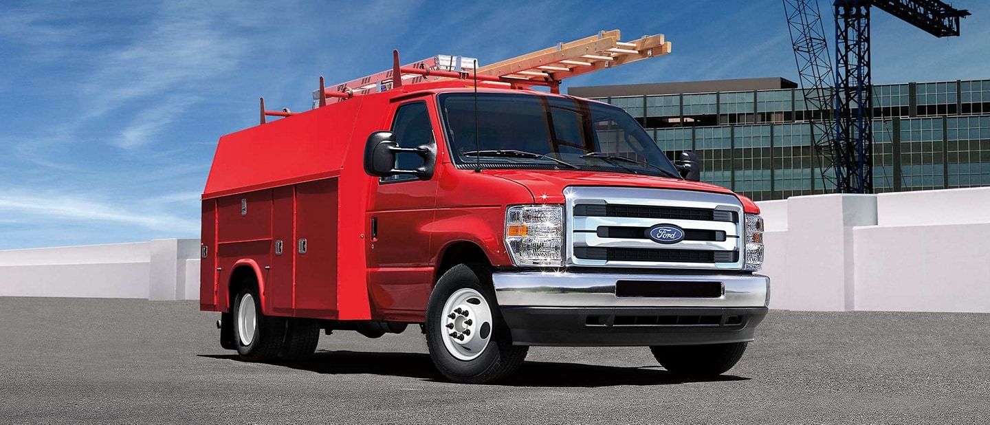 2026 Ford E-Series Cutaway with upfit contractors body hauling a ladder