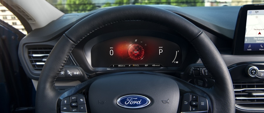Available 12.3" digital instrument cluster in a 2022 Ford Escape displaying Sport driving mode