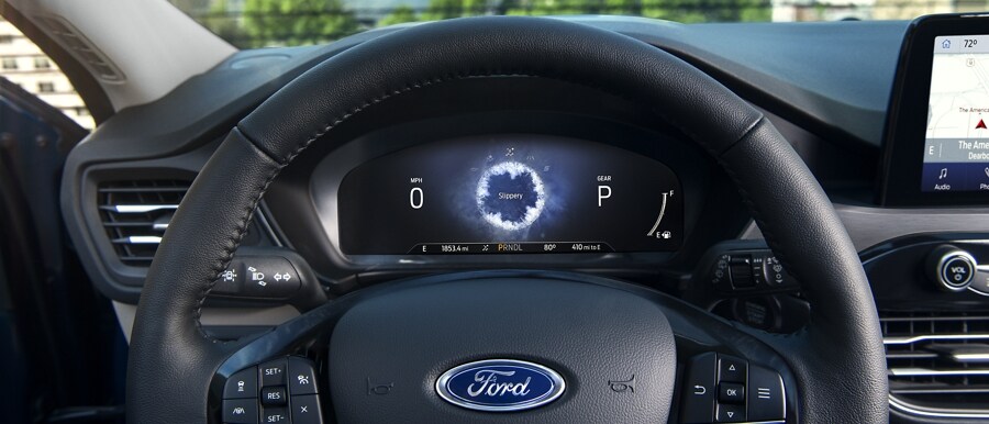 Available 12.3" digital instrument cluster in a 2022 Ford Escape displaying Slippery driving mode