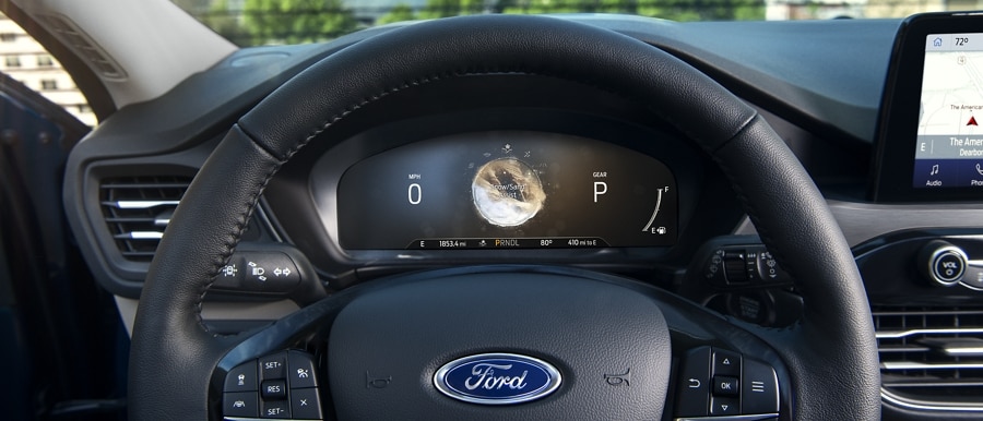 Available 12.3" digital instrument cluster in a 2022 Ford Escape displaying Deep Snow/Sand driving mode