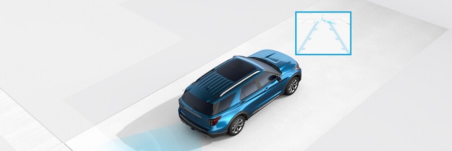 Graphic of a 2023 Ford Explorer® SUV demonstrating the Rear View Camera