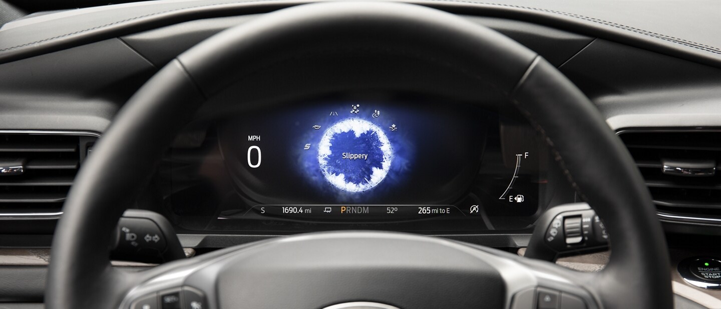 2023 Ford Explorer® SUV instrument cluster showing Slippery drive mode