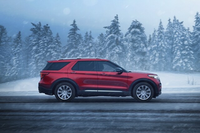 2023 Ford Explorer® SUV being driven on a snow-covered road