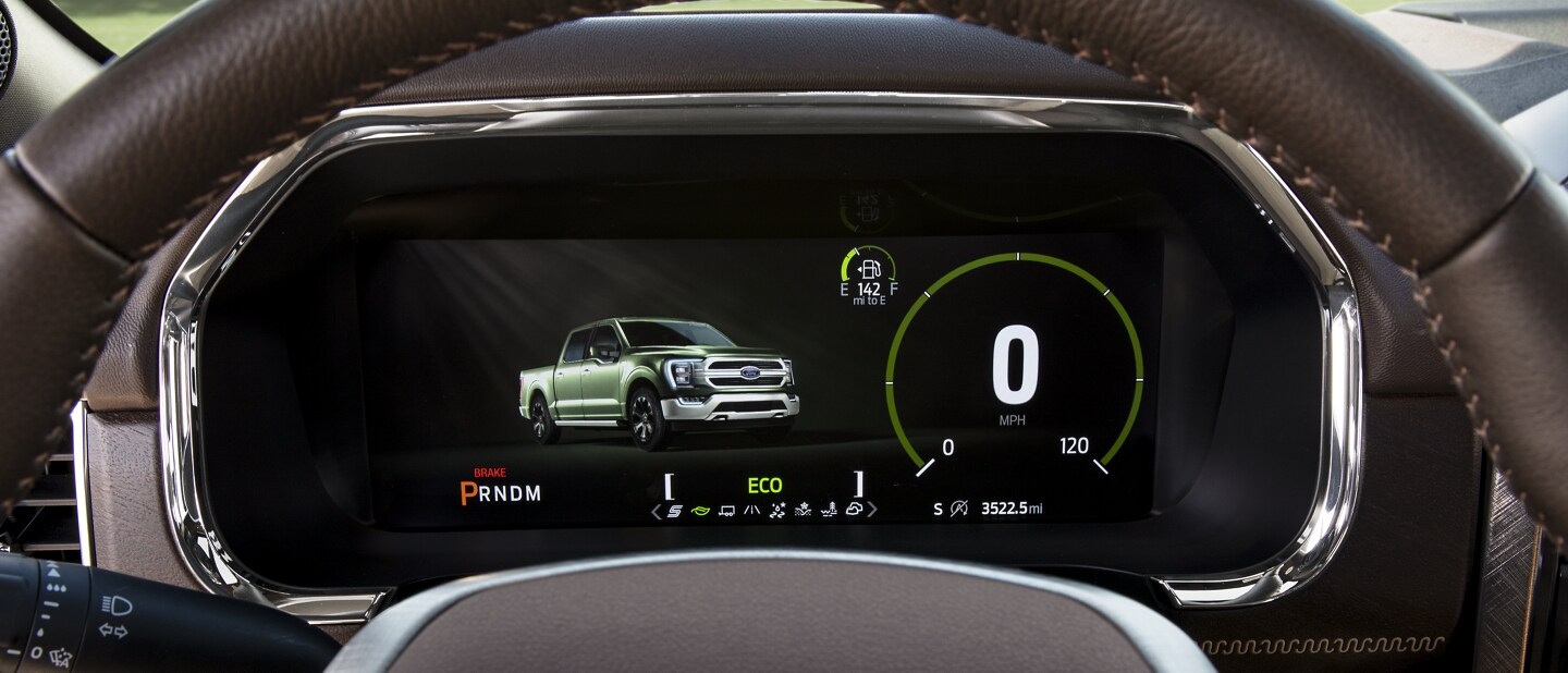 A close up of the 2021 Ford F 1 50 12 inch productivity screen displaying Eco mode