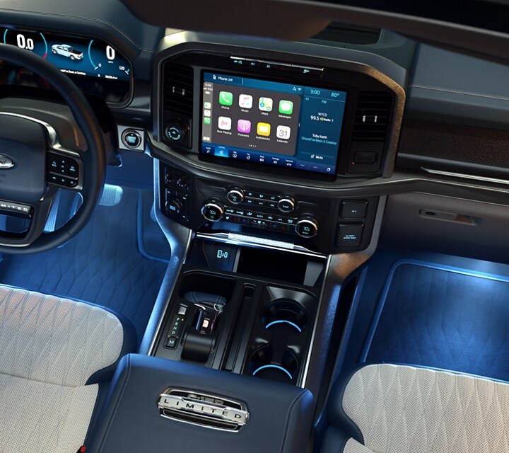 Overhead view of a 2021 Ford F 1 50 interior with ambient lighting in Ice Blue
