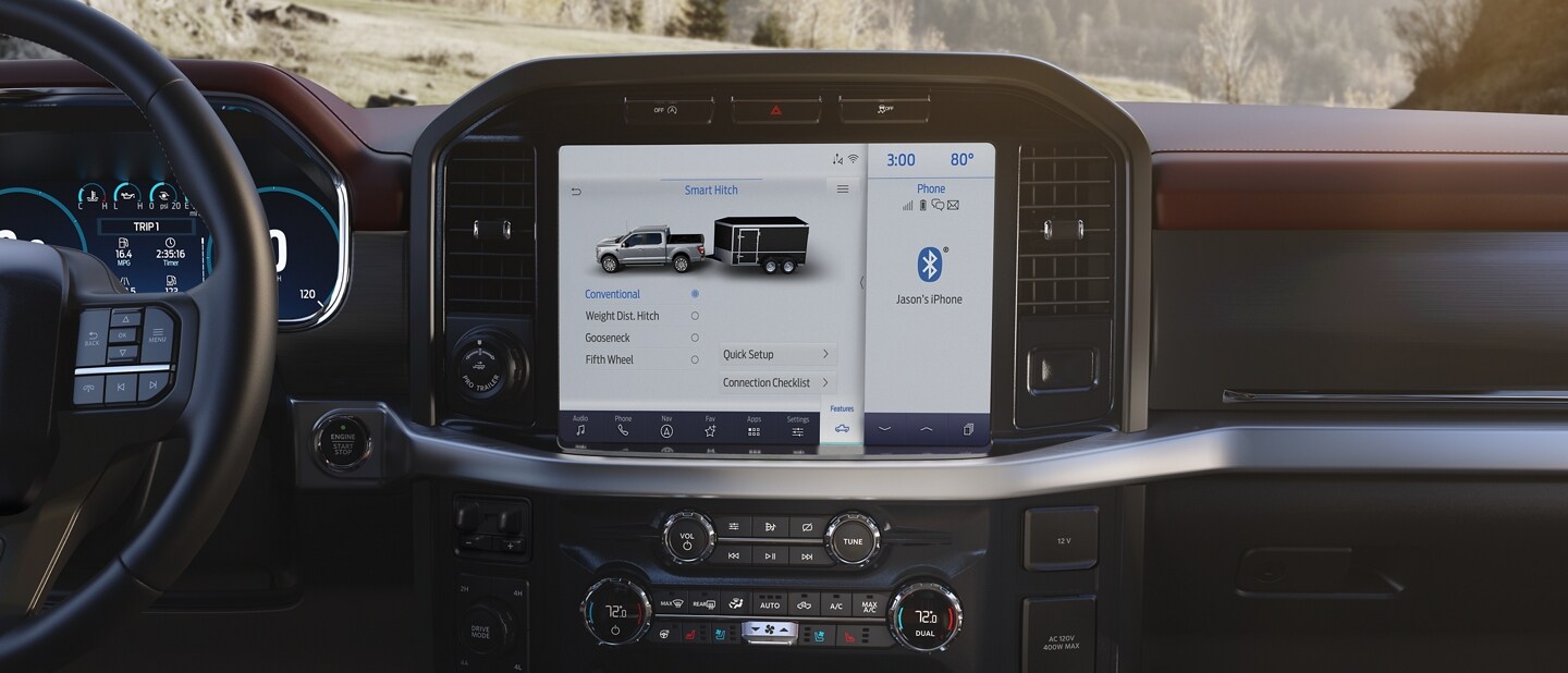 A 2023 Ford F-150® interior close-up with Smart Hitch technology on the centre touchscreen
