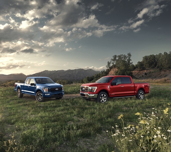 2023 Ford F-150® XL in Atlas Blue and F-150® XLT in Race Red parked on a mountain overlook