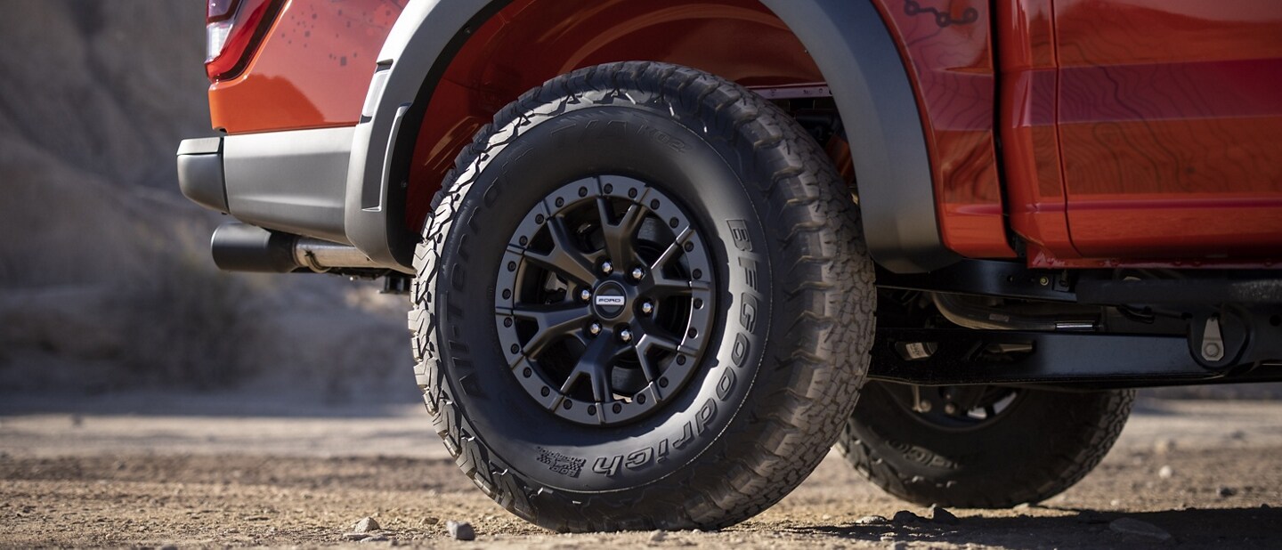 Close-up of a rear wheel on a 2023 Ford F-150® Raptor®