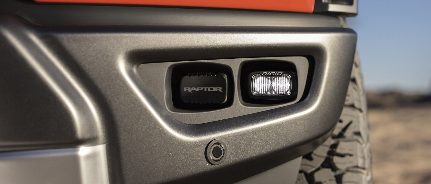 Close-up of the off-road RIGID lighting on a 2023 Ford F-150® Raptor®