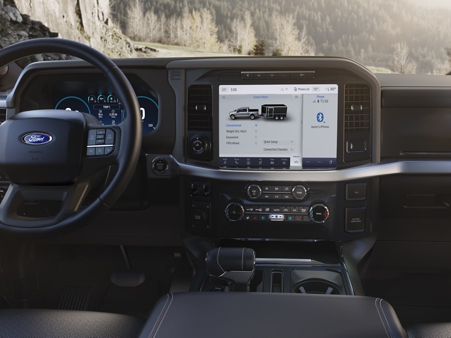 Close-up of the 12″ LCD touchscreen display highlighting the Smart Hitch feature