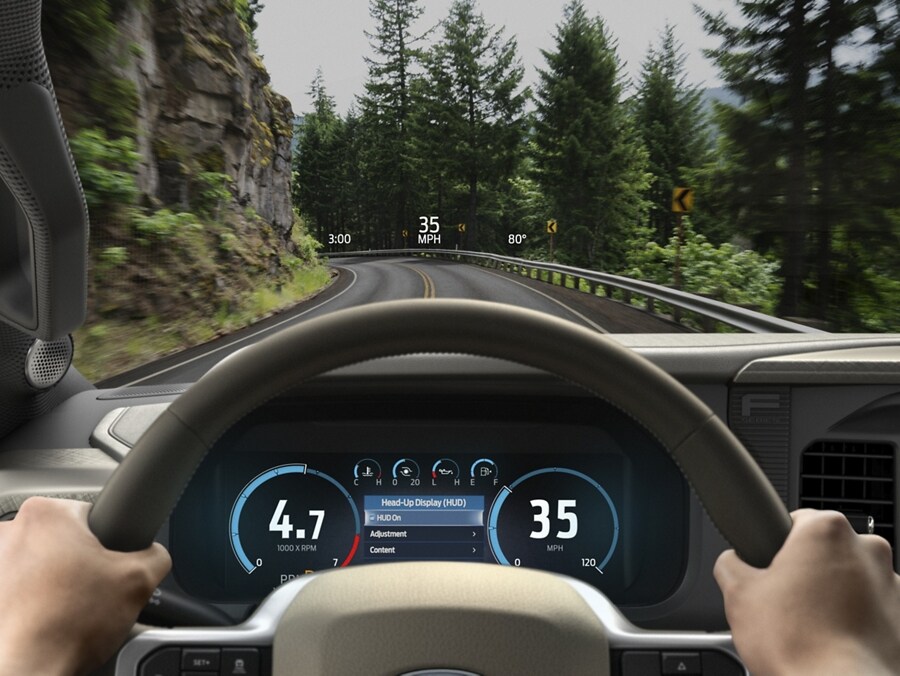 Driver's perspective looking at the Head-Up Display image projected on to the windshield