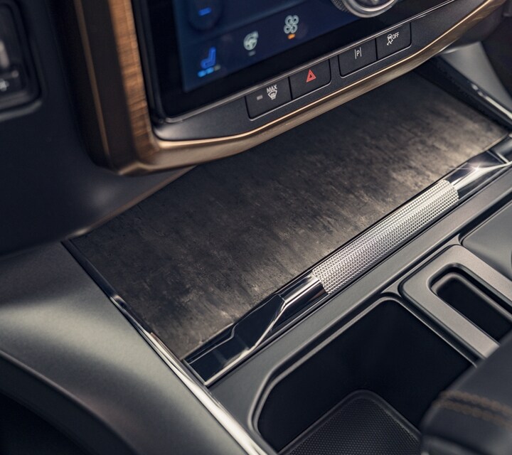 Close-up of the oak accents on the centre console