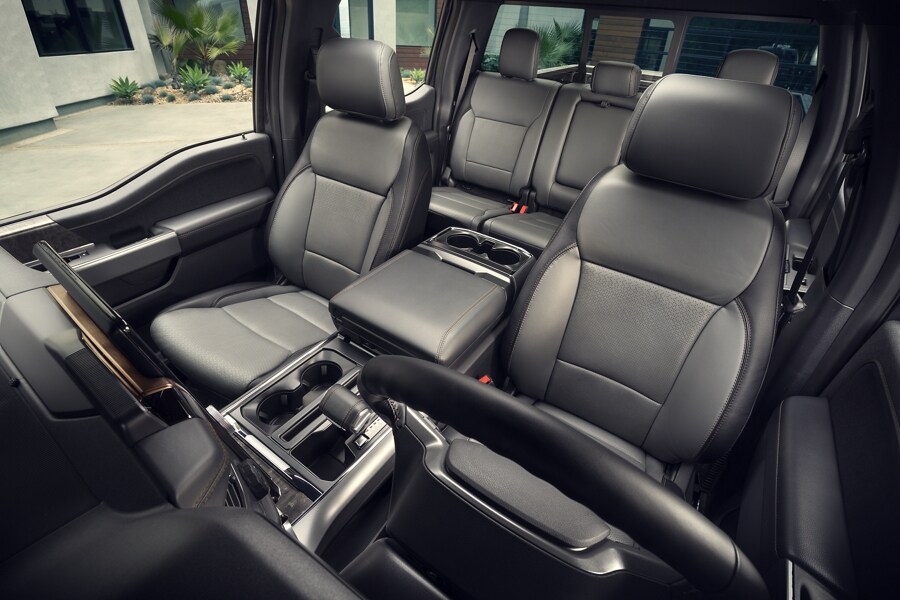 Interior of the 2023 Ford F-150® Lightning® highlighting the leather-trimmed seats and spaciousness